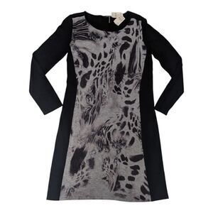 Luisa Cerano Black sweater dress front gray with print‎ 3/4 Sleeve Size 10 NWT